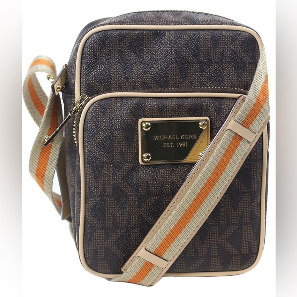 •MICHAEL KORS•BROWN & TAN JET SET TRAVEL FLIGHT BAG W/SIGNATURE MK LOGO EUC - Picture 3 of 12
